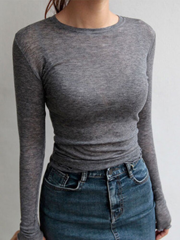 Plain T Shirt Women Elastic Basic T-shirts Female Casual Tops Long Sleeve Sexy Thin T-shirt see through: S / GRAY