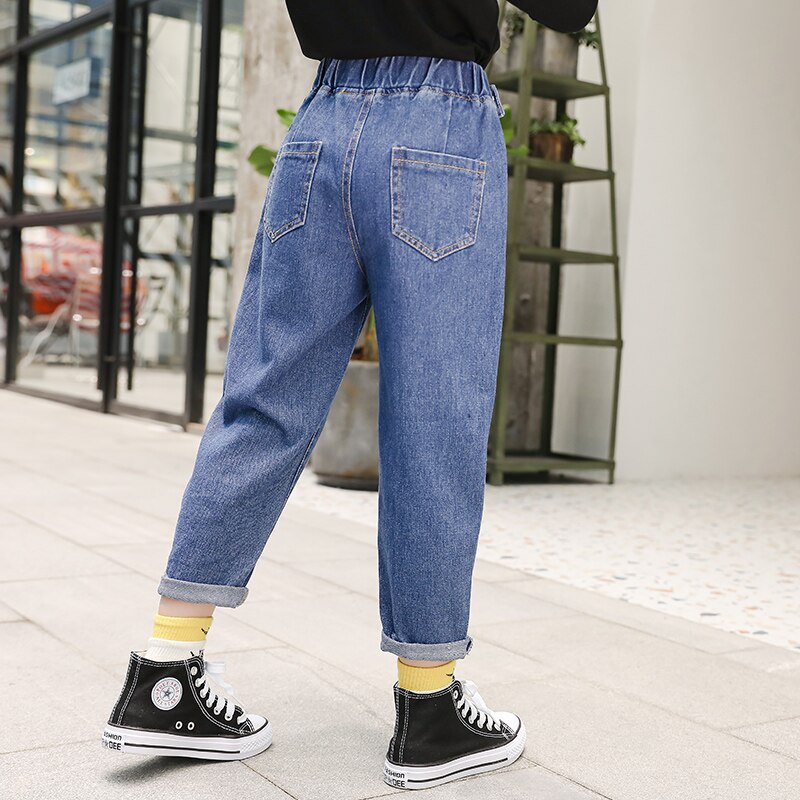 automne bébé filles jean avant patch poche Denim pantalon ceinture décoration enfants pantalons enfants filles jean pantalon décontracté