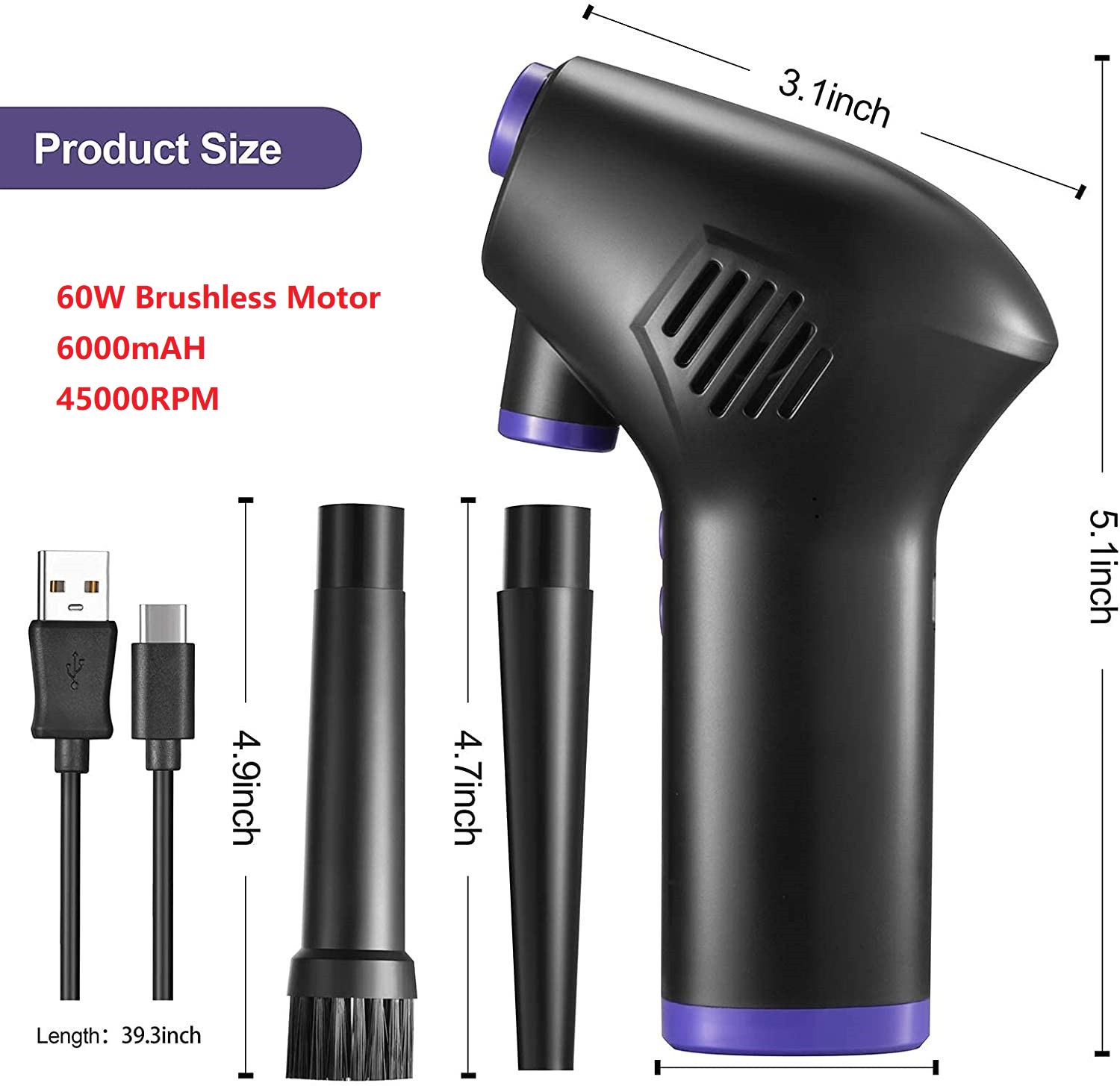 Samengeperste lucht Duster voor computer toetsenbord PC auto schoon 51000 RPM USB opladen draagbare elektrische ontstoffen draadloze lucht blazer: Blauw