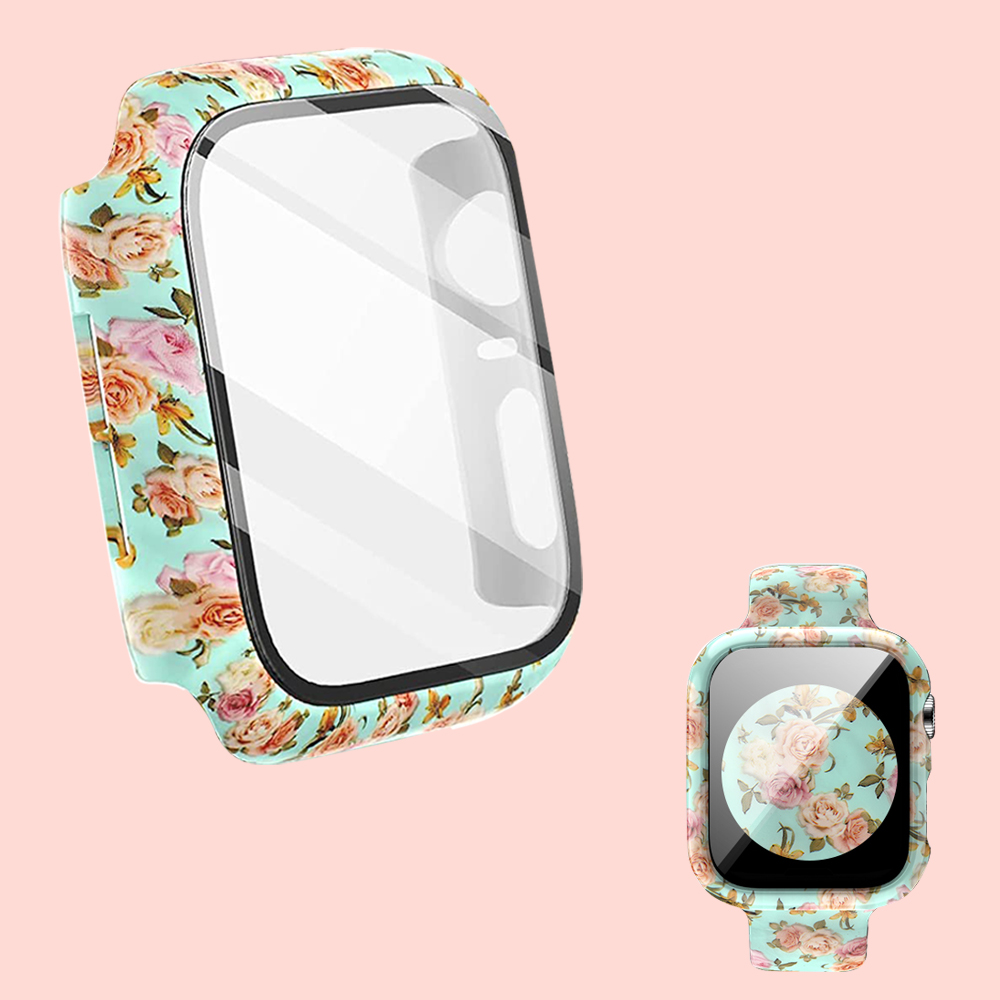 Funda + cristal para Apple Watch 44mm 40mm 38mm 42mm, cubierta protectora de leopardo de para parachoques de PC duro para iWatch SE 6 5 4 3 2 1: Verde militar / 2 - 3,9 pulgadas