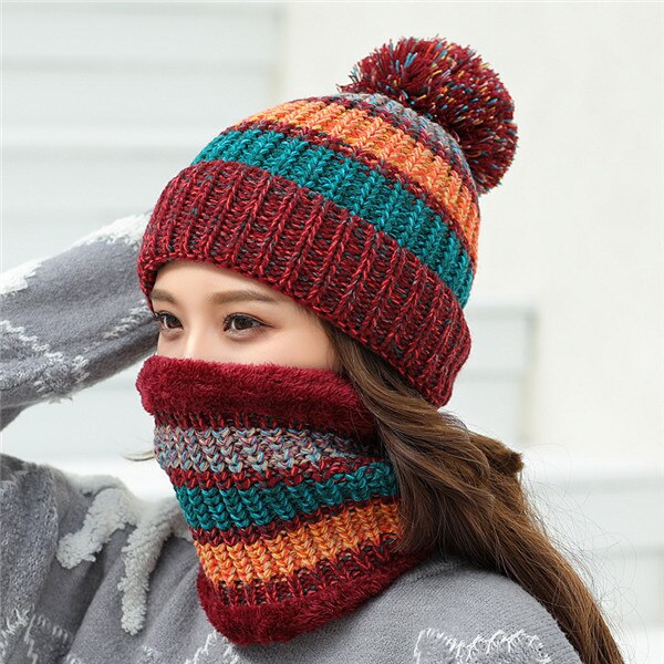 Gorros de invierno para mujer, gorros tejidos a rayas de Color mixto, conjunto de 2 piezas, gorros gruesos y cálidos, gorros, gorros para mujer: Red