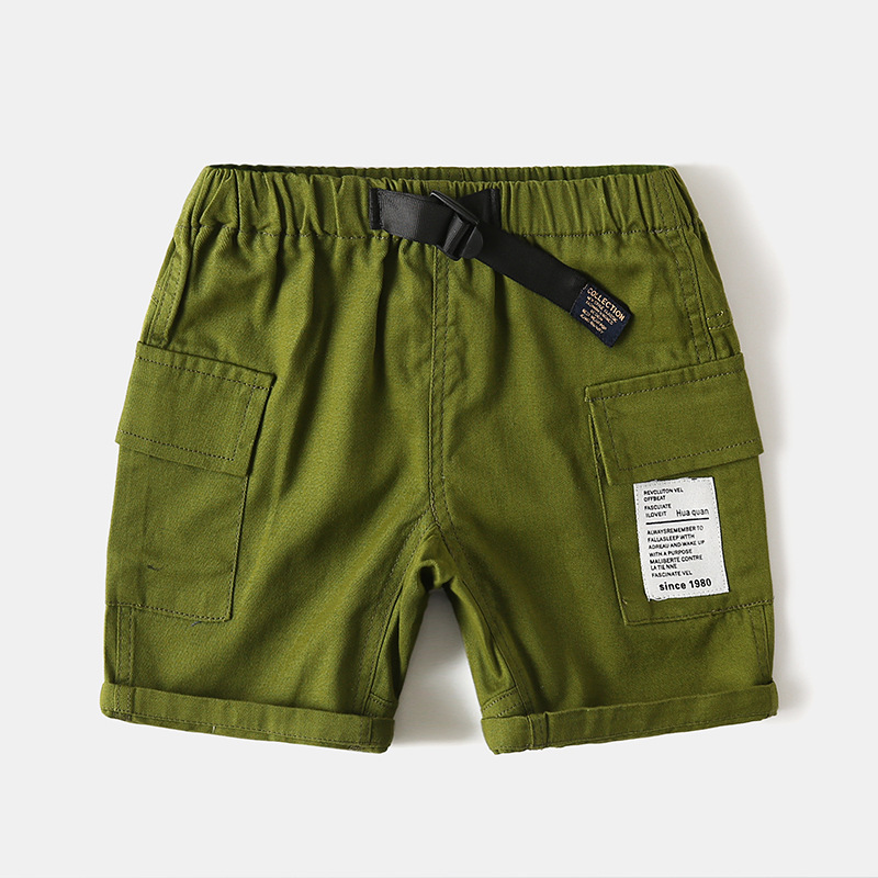 Pantalones cortos informales de algodón para niños, Pantalón Cargo hasta la rodilla, con cintura elástica, ropa de verano: Verde militar / 120(5)