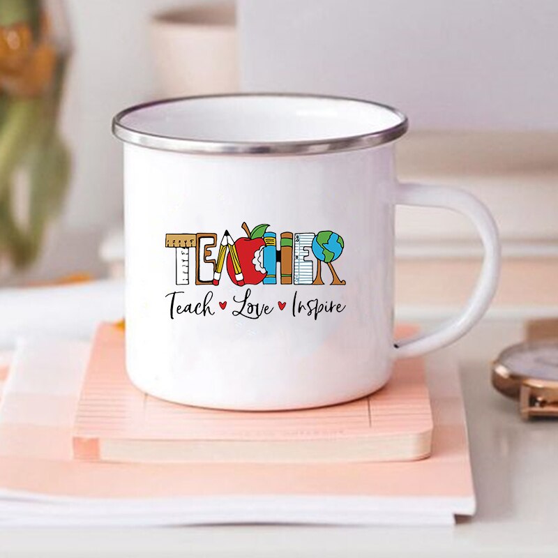 Teacher Love Inspire-Tazas de esmalte estampadas, vaso de vidrio para café, té, bebidas, leche, tazas escolares con asa, para profesores: XH1306-A015WH-8