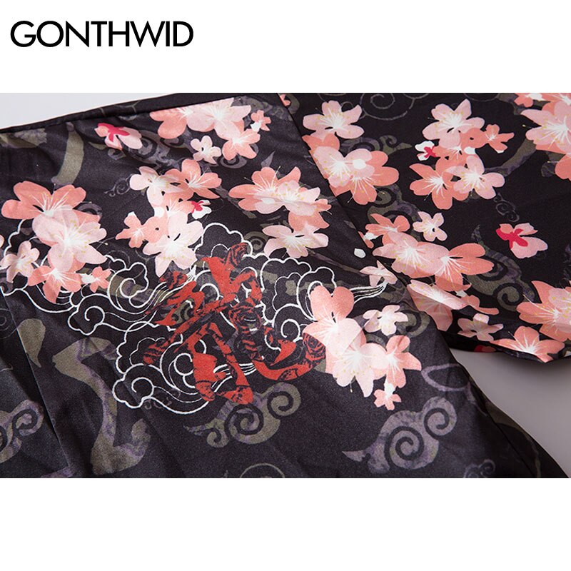 GONTHWID Harajuku Dragon Cherry Blossoms Flowers Print Kimono Cardigan Haori Jackets Streetwear Japanese Style Open Front Coats