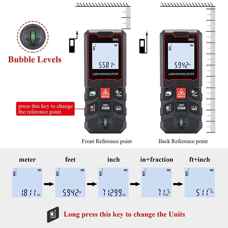 Measurement 131 Ft, Ft/In/M Unit Switch Digital Tape Measure, With Bubble Level Measurement Tool