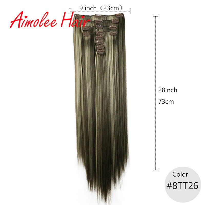 Extensiones de cabello de 28 pulgadas, 8 unidades/juego, pelo sintético largo y recto, Clip-in, negro, marrón, realce, fibra de pelo de alta temperatura: 8TT26