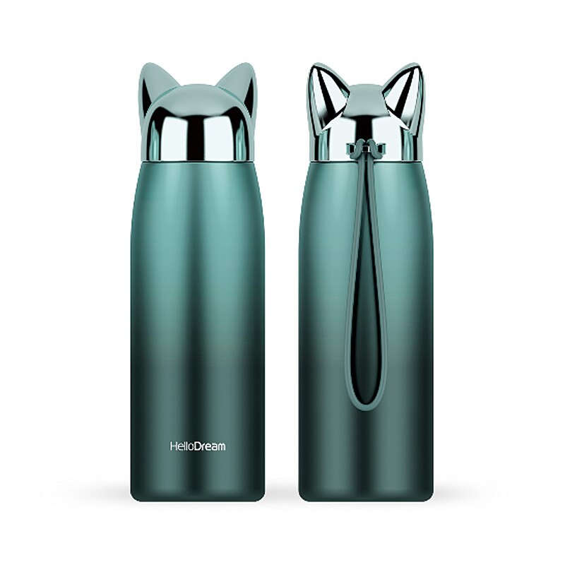 1 stücke Nette Edelstahl Katze ohren Thermos Tassen Thermocup Isolierte Becher Vakuum Glaskolben Thermo Kaffee Becher Reise Flasche Becher: kurz Grün