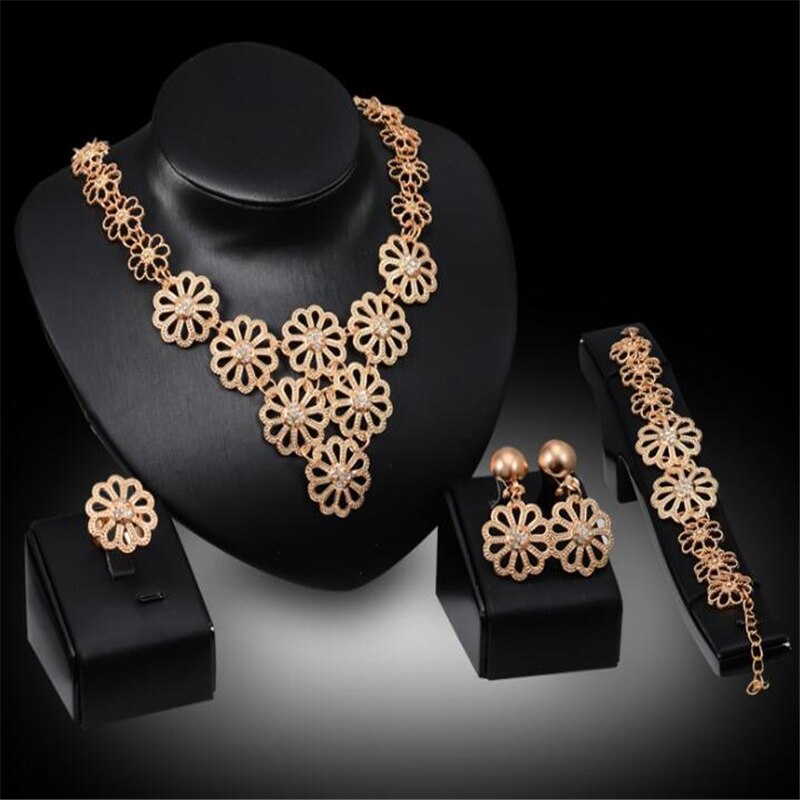 Dubai Gold Jewelry Sets for Women Bridal Jewelry Flower Chocker Necklace Earrings Wedding Bridesmaid Jewelry Sets