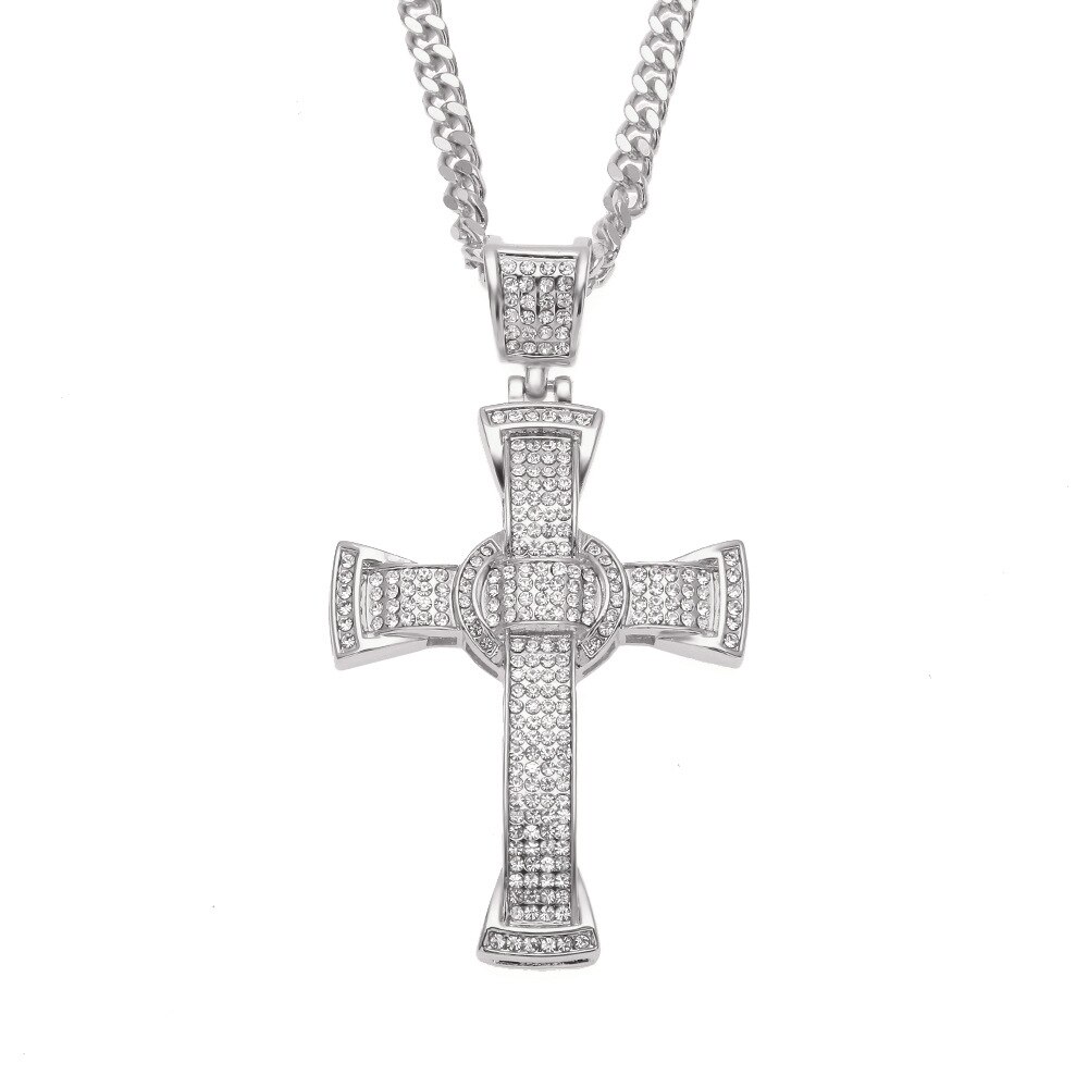 Hip Hop AAA Cubic Zircon Ice Cross Pendant Men's Rap Street Dance Necklace Jewelry: sliver with  chain