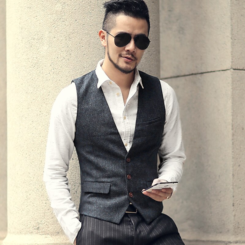 Casual sem mangas jaqueta casaco masculino colete formal vestido terno colete fino três botão de lã colete terno britânico 2020
