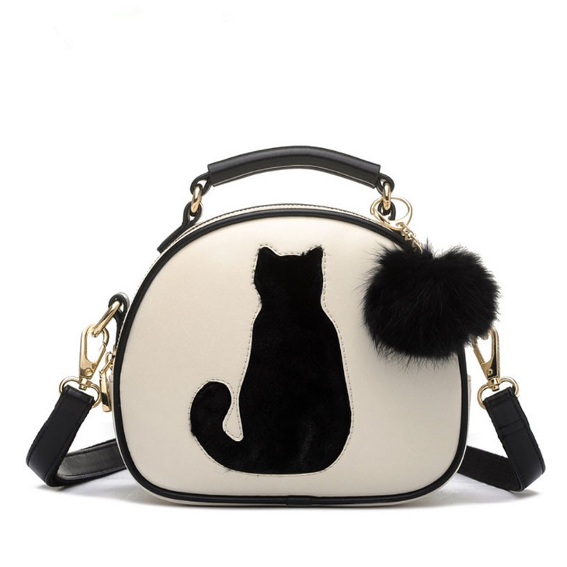 Kvinder håndtaske pu læder taske fuldmåne slik farve sød kat med pels bold kvinder skuldertasker crossbody taske  b014