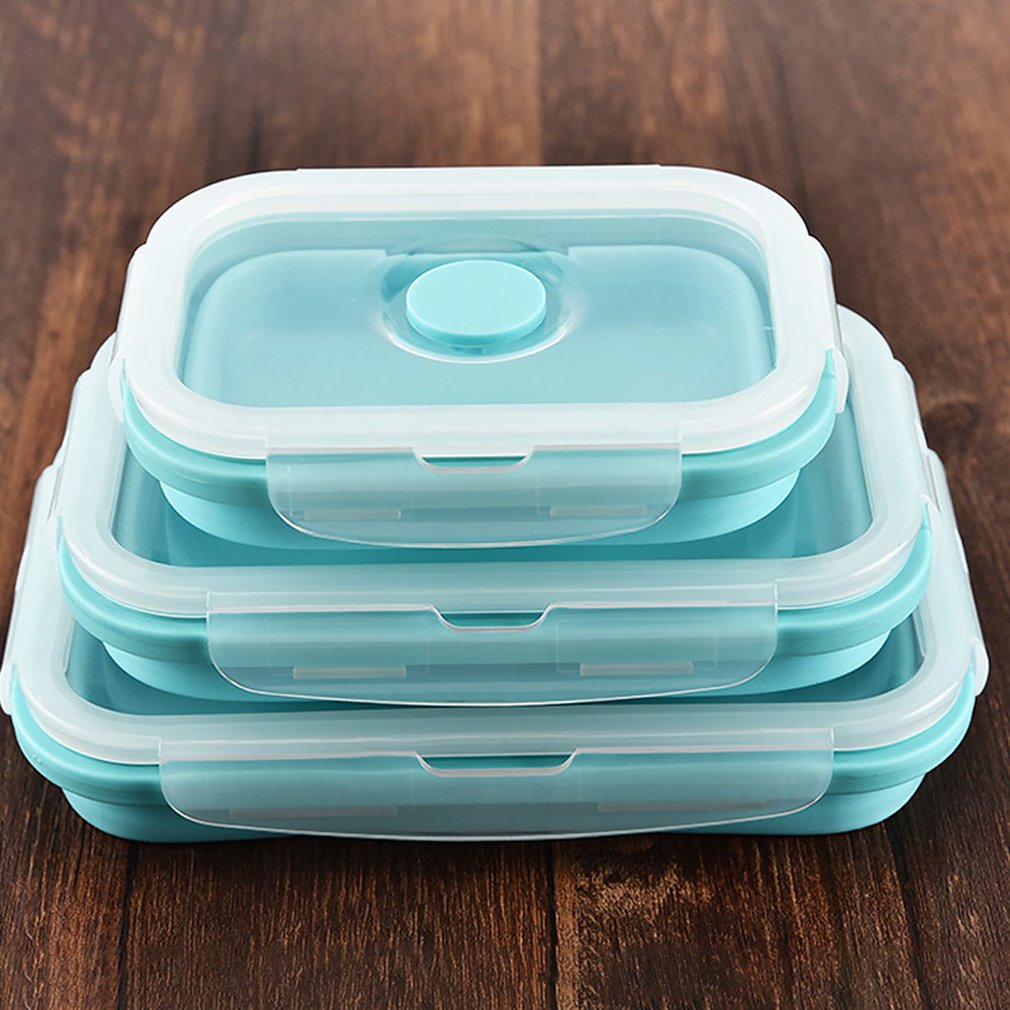 Fda 3/4 Pcs Draagbare Opvouwbare Lunchbox Vierkante Siliconen Lunchbox Magnetron Lunchbox Plastic Koelkast Hoge Temperatuur