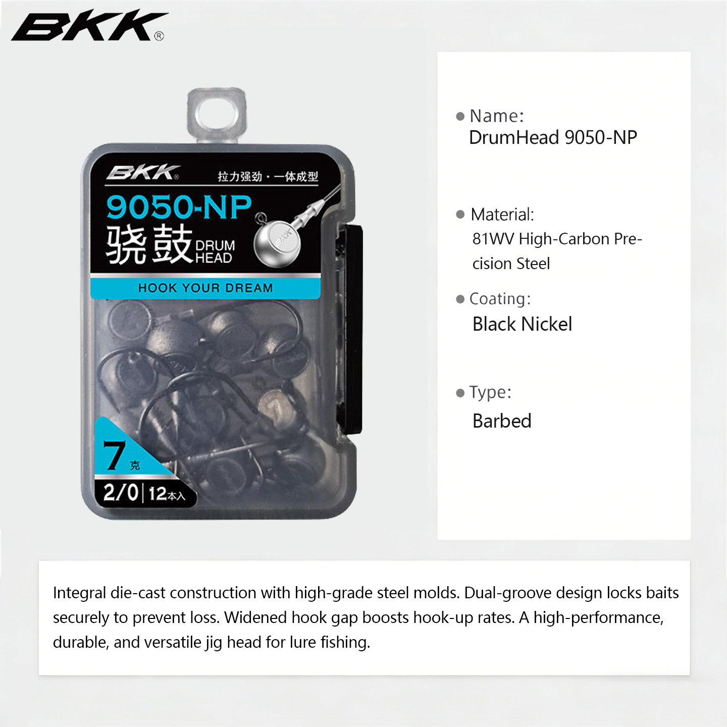 BKK 9050 Drum Head Jig Hook Snagless Round Lead Head Soft Lure Bait Hooks for Bass Mandarinfish Fishing Tackle