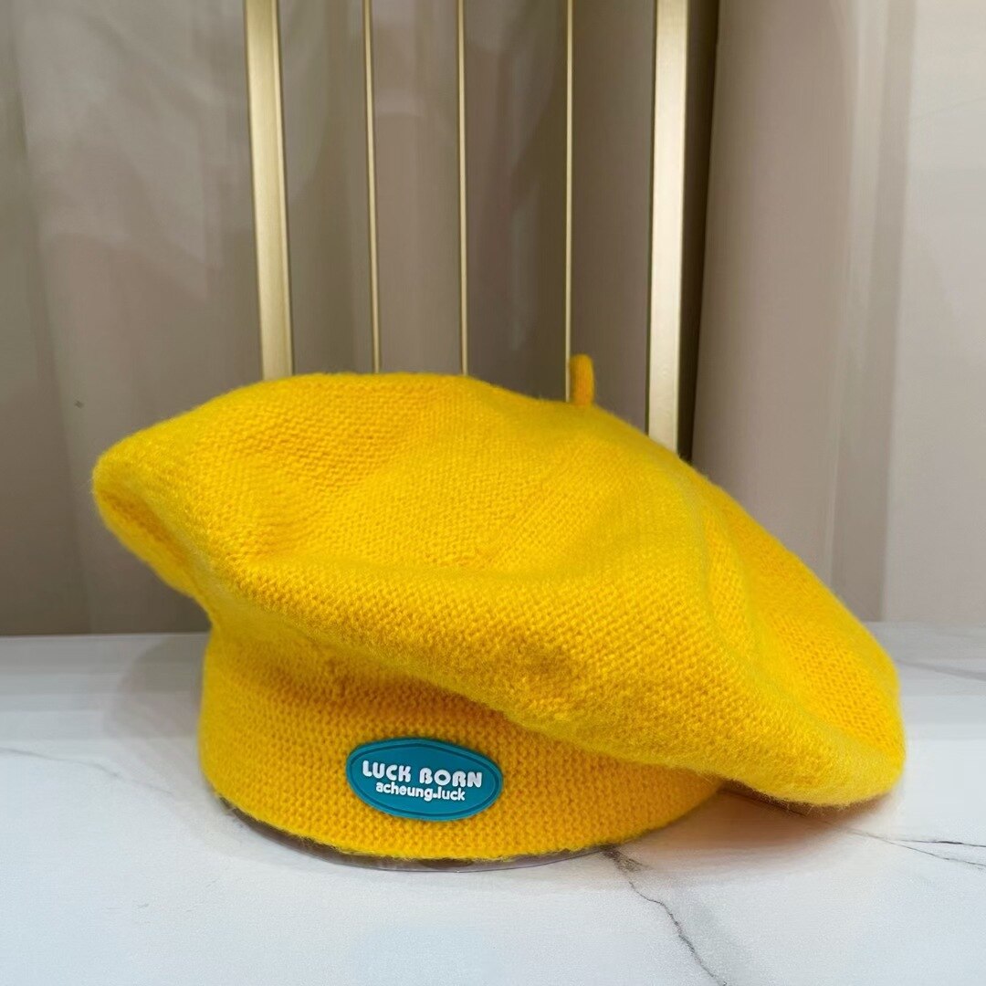 Béret tricoté avec écusson jaune Ins pour femme, chapeau de peintre japonais octogonal, rétro, , nuage, automne et hiver: yellow