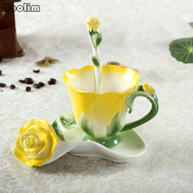 NOOLIM 3D Rose Coffee Cup Enamel Tea Cup Set With Spoon Saucer Cups Ceramic European Bone China Drinkware: YELLOW
