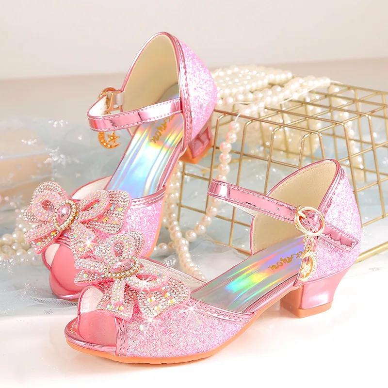 Sandalias de verano para niñas con tacón, zapatos con purpurina brillante y diamantes de imitación a la , zapatos de baile con perlas y pajarita de princesa para niños H876