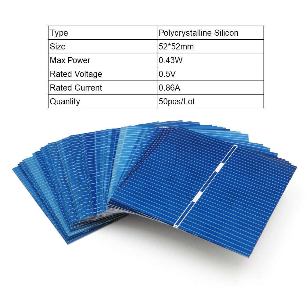 50Pcs Zonnecellen 125 156 Polykristallijne Zonnepaneel 52 78 Diy Oplader Batterij 5V 6V 12V Silicon Sunpower 5/6 Inch Poly: 52x52mm