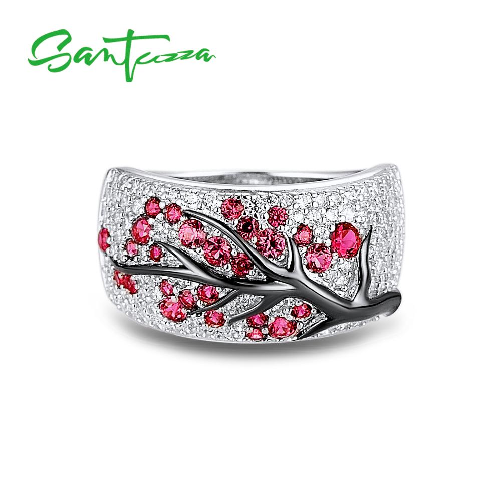 SANTUZZA Silver Ring for Women Genuine 925 Sterling Silver Pink Cherry Tree Cubic Zirconia Ladies Delicate Jewelry