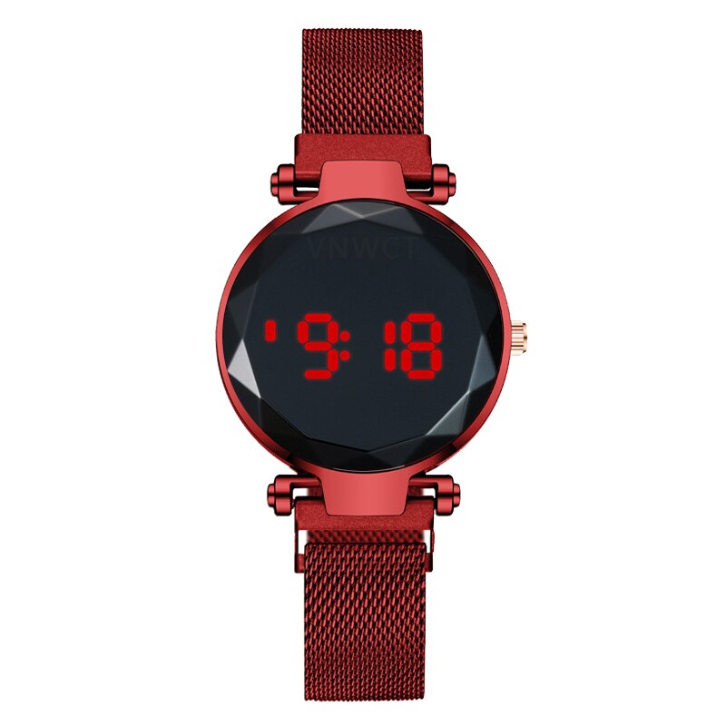 Reloj con imán y pantalla táctil LED para mujer, cronógrafo con correa Milanesa, redondo e informal, para estudiantes: Rojo