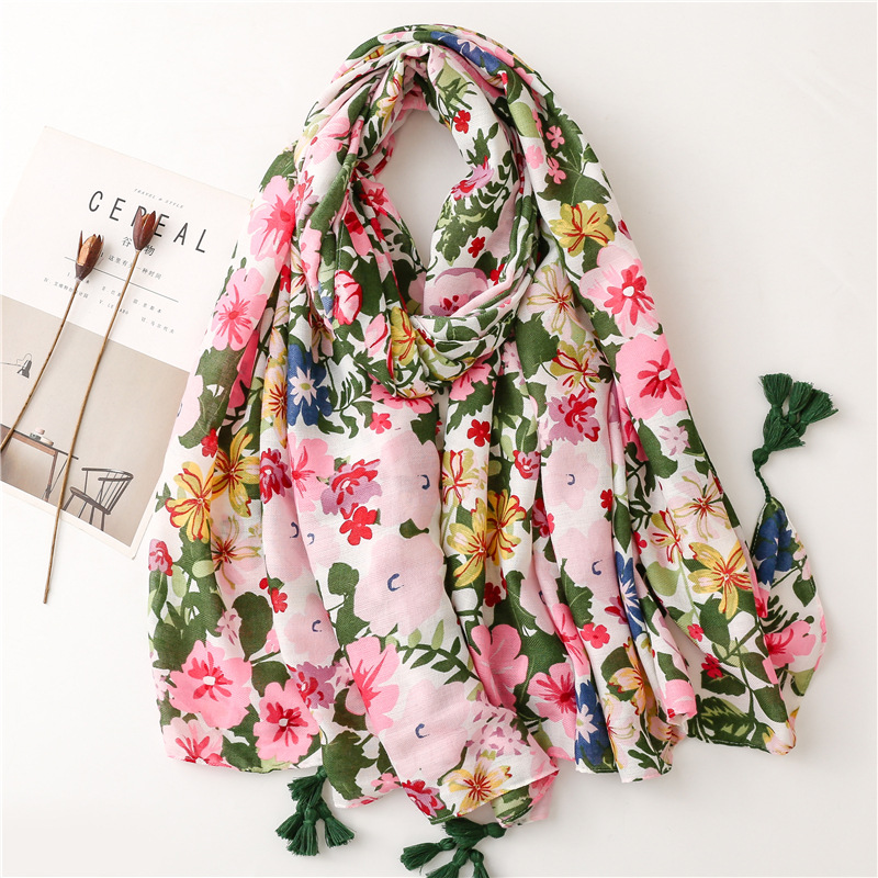 Foulard en coton imprimé de fleurs pour femmes, écharpe fine et respirante, longue, Hijab musulman, châles et enveloppes