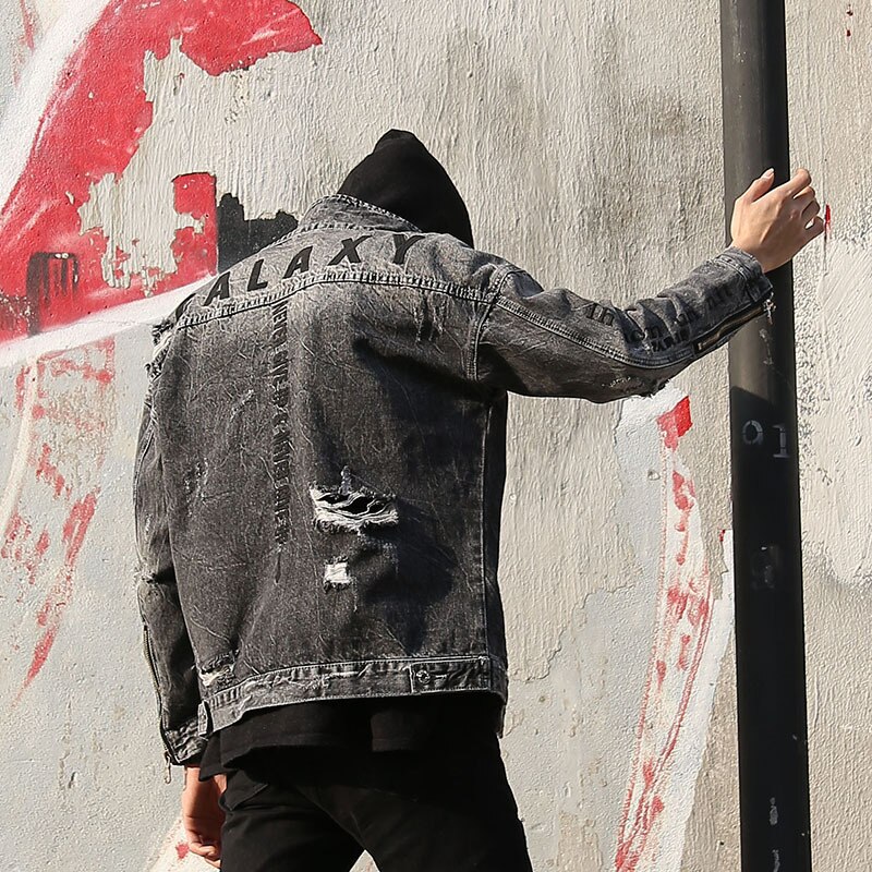 Dropshippig retro Galaxis Stickerei Denim Jacken männer Zerrissene See Jeans Jacken Hüfte hüpfen Streetwear Mantel für Männliche x552