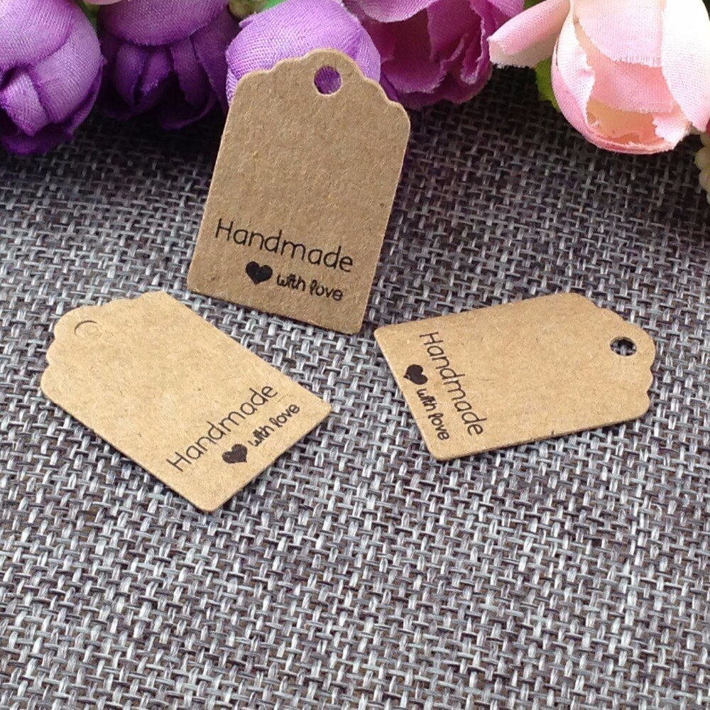 500 stks 3x2 cm Geschulpte &#39;handmade met love&#39; tag/Gunst Tag/DIY Tag/ prijs Label Met 500 stks string