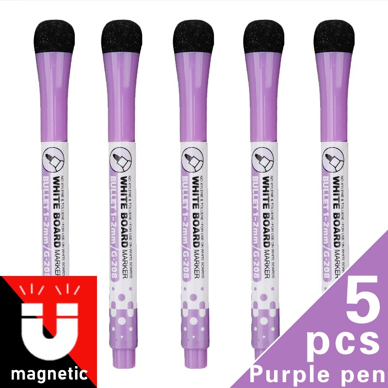 7 Kleuren Magnetische White Board Earaser Markers Tekening Krijt Glas Keramiek Whiteboard Pennen Kinderen Schrijven Leren Gereedschap: Purple 5 pens