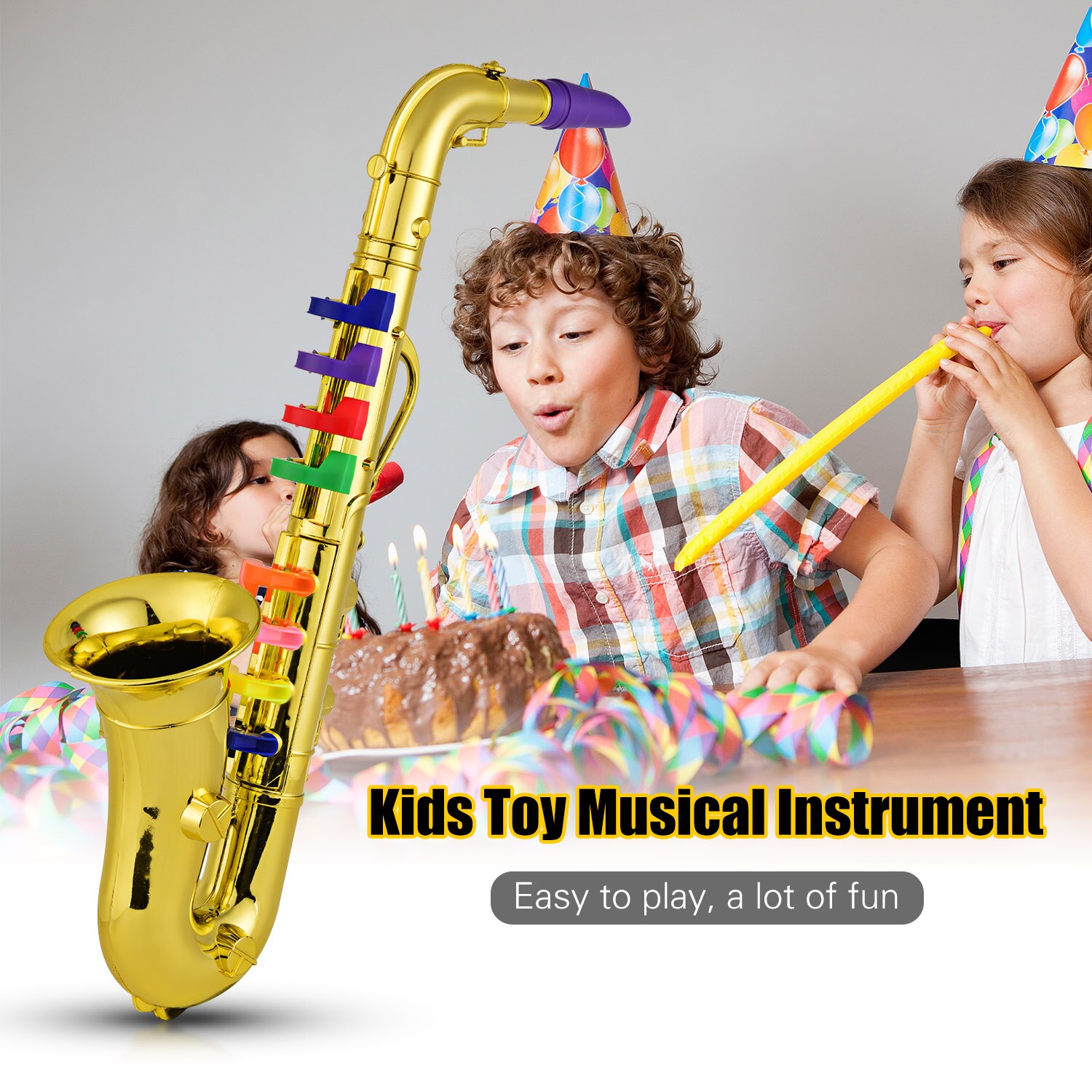 Musikalske blæseinstrumenter saxofon børn abs metallisk guldsaxofon med 8 farvede nøgler
