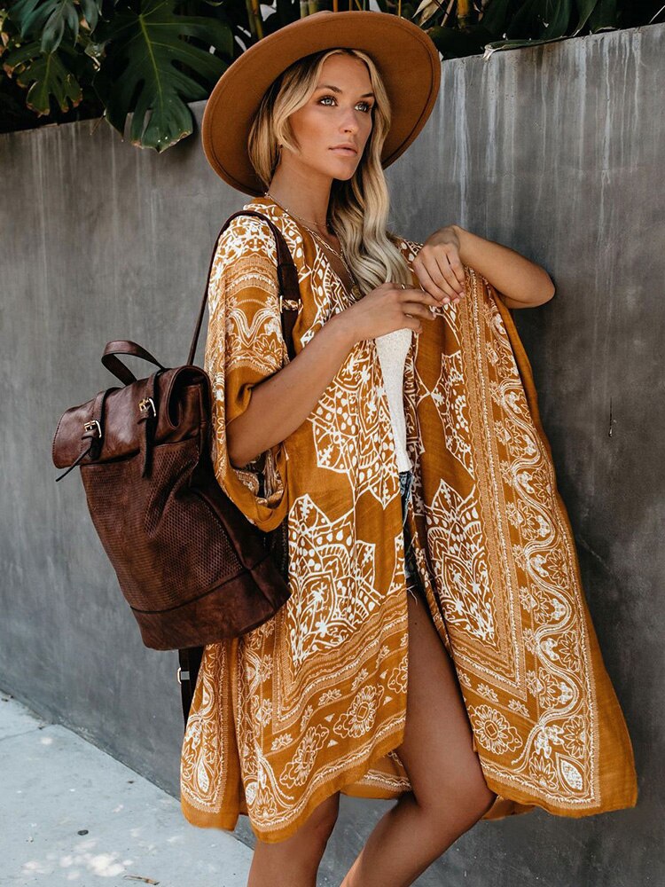 Fitshinling etnisk vintage strand kimono blomst gul oversize bikini cover up badetøj 2022 sommer boheme uregelmæssig cardigan