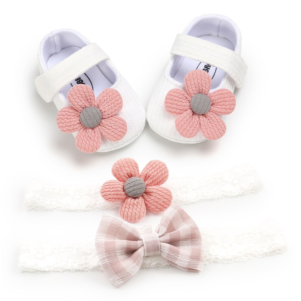 Zapatos para bebé niña de 0 a 18 meses, conjunto de lazo y Diadema Floral, suela suave de flores grandes, planos, primavera