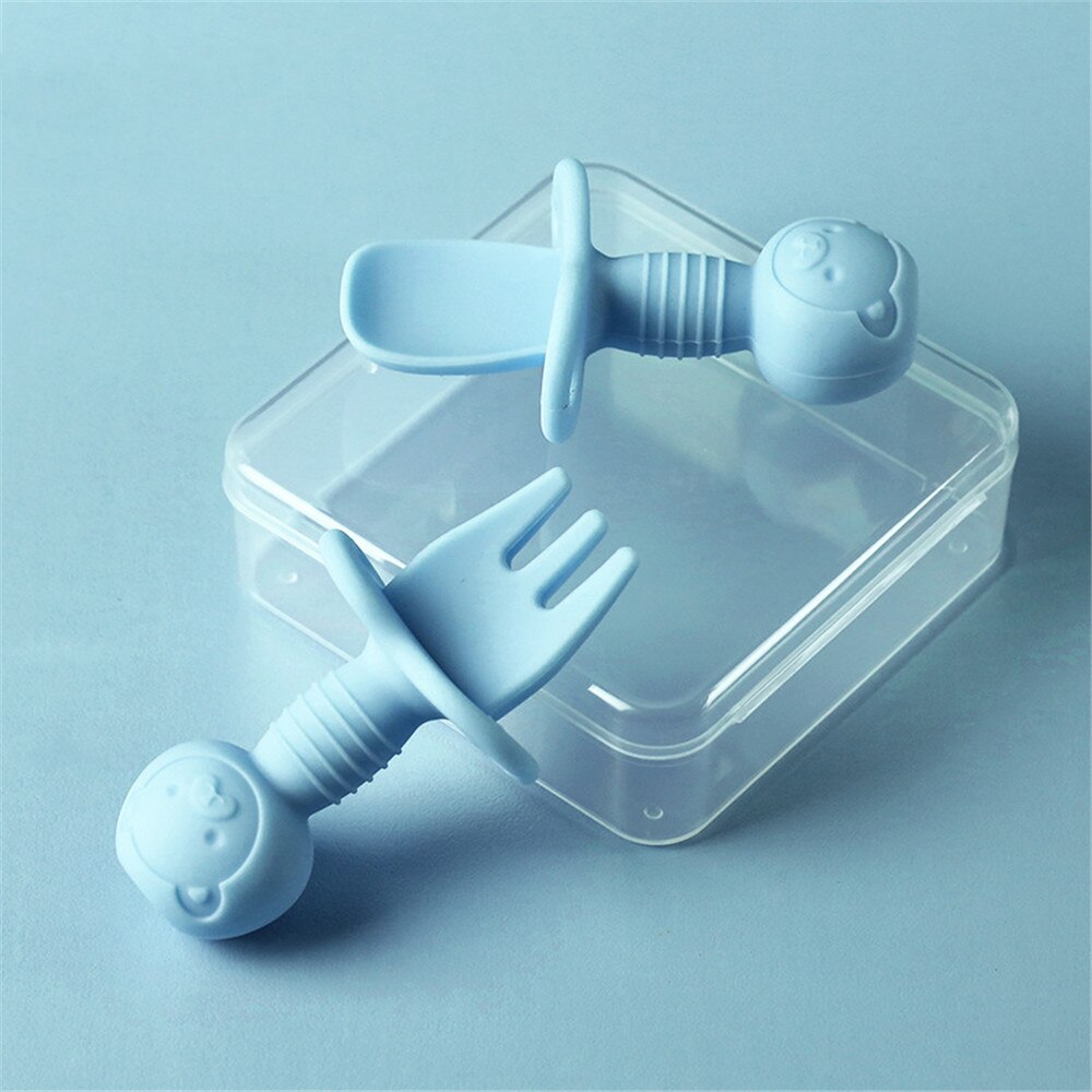 Baby training spork silicone see spoon fork fork spoon children cartoon small spork transparent PP box: Blue