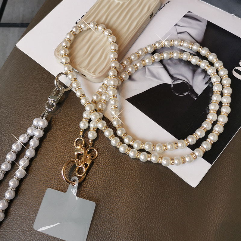 Universal Glitter Phone Lanyard Long Crossbody Necklace Chain Pearl Straps Keychain Anti-lost Sling with Patch for Phone Case