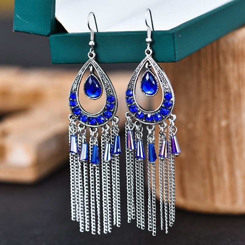 Bohemian Long Tassel Earrings 2022 Trend Water Alloy Crystal Beads Women Vintage Rhinestone Chain Earrings: E1888Royal Blue