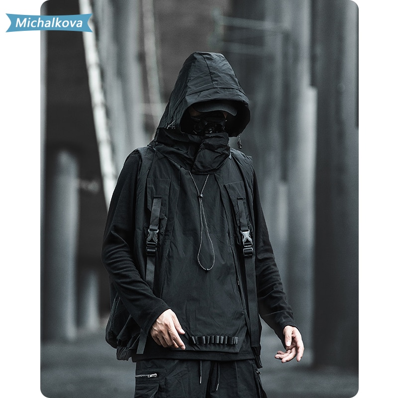 Lös väst fallskärmsjägare funktionsväst hip hop huva lastfickor dam/herr & #39 ;s kläder japansk stil harajuku michalkova