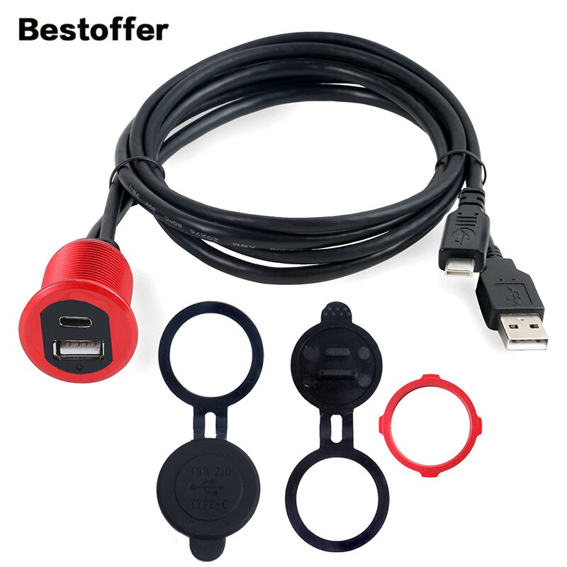 1 Meter Led Licht Type-C 2.0 Naar Usb 2.0 Man-vrouw Aux Auto Mount Flush Waterdichte Kabel