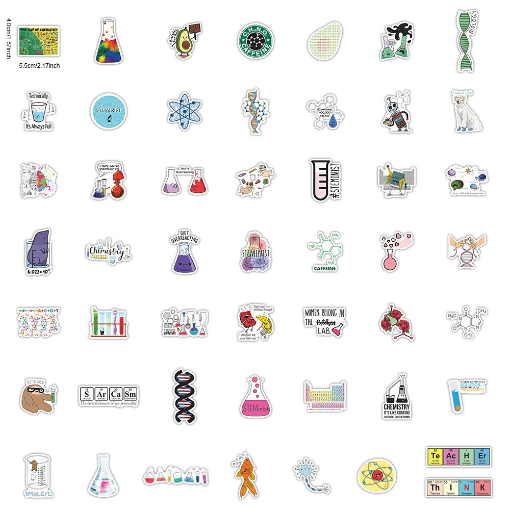 50 stk science lab kemi vinyl klistermærker diy til laptop skin frige bagage skateboard mærkater til macbook/asus/xiaomi/hp /ps4