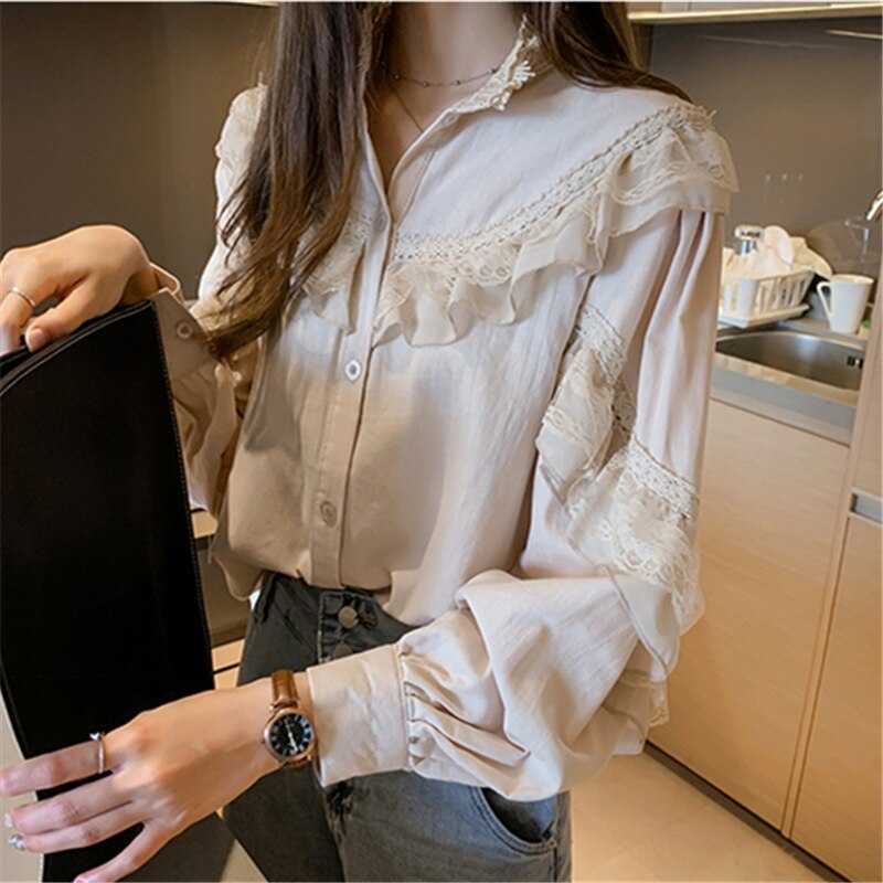Lolita blus retro volang blus dam skjorta turtleneck krage långärmad formella blusar topp dam vintage skjorta