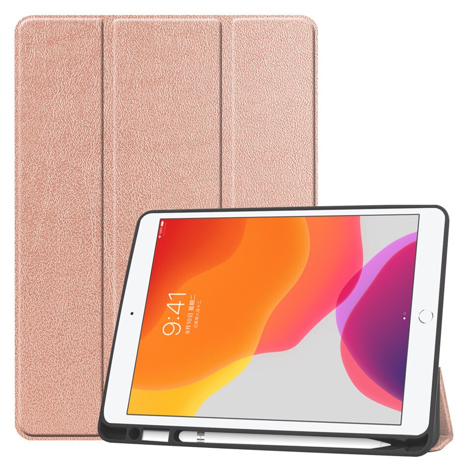 For iPad 7th 10.2" Case A2198 With Pencil Holder Stand Cover For iPad 10.2 Case Auto Sleep / Wake+Screen Protector+pen: Champagne