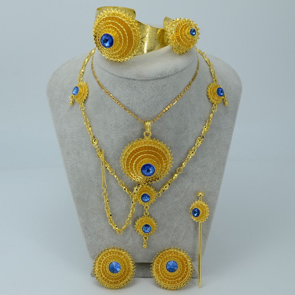 Anniyo etíope conjunto de joyería de color dorado piedra azul Habesha novia boda Eritrea cadena frente África de de las mujeres #000717