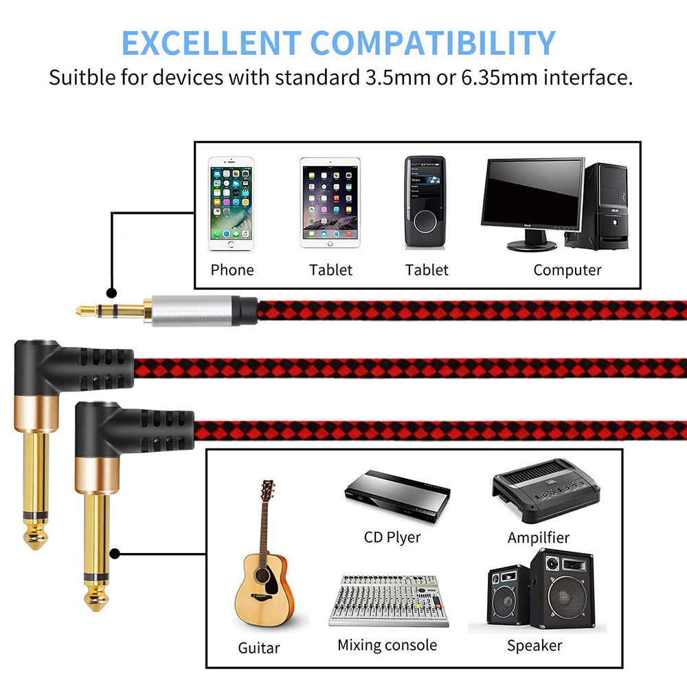 3.5mm Aux Stereo TRS to Dual 6.35mm TS Right Angle Plug 1/8 to 1/4 TS Y Splitter Cord for Smartphone MP3 PC Home Theater Speaker