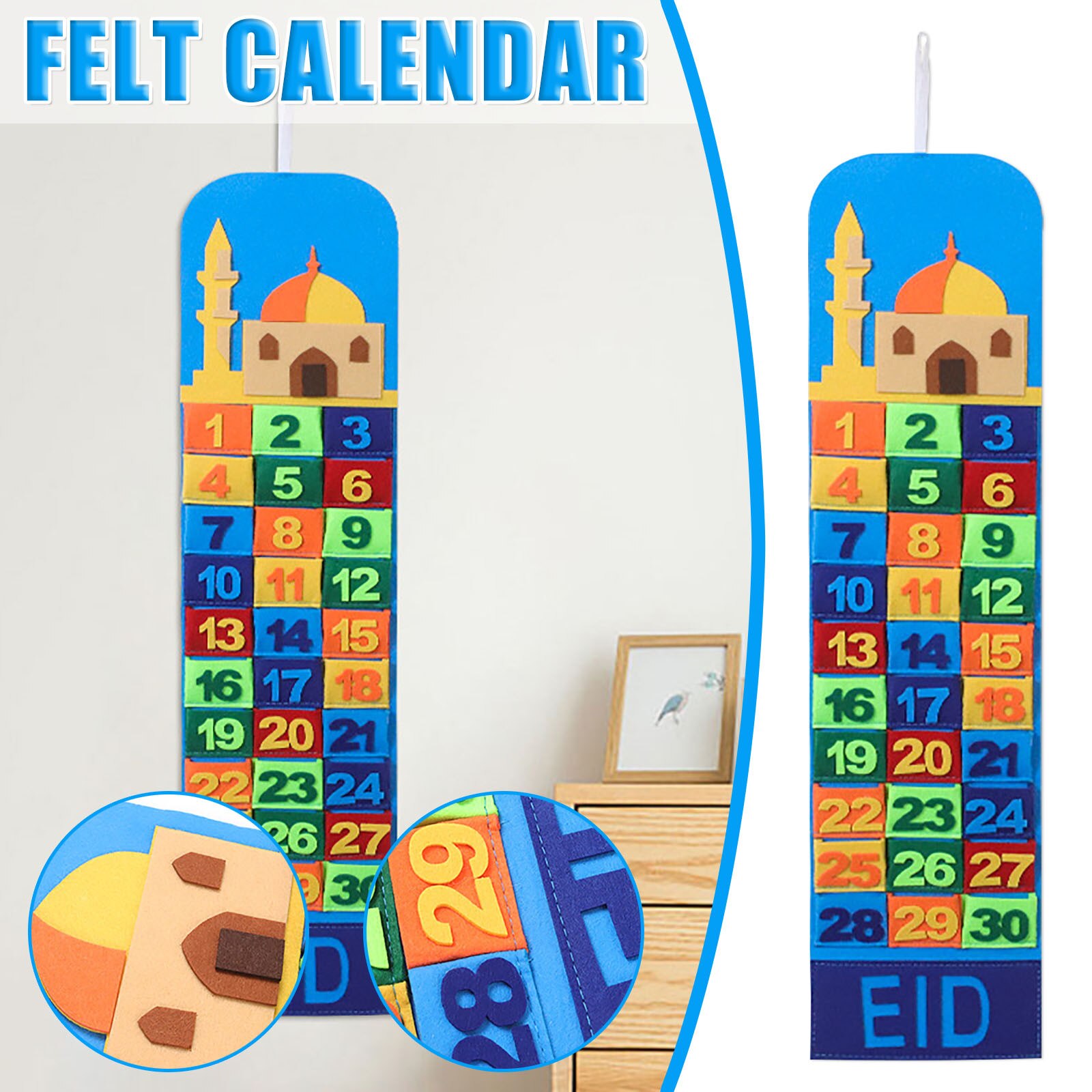 Hanging Felt 30 Day Living Room Eid Mubarak Muslim Home Decor Ramadan Calendar Countdown for Kids Party Decorations: A
