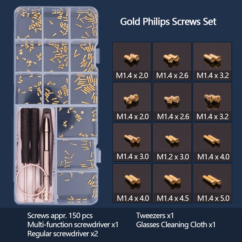 Colour_max skruvar muttrar näsdyna optiskt reparationsverktyg diverse kit för solglasögon: Gyllene philips skruvar