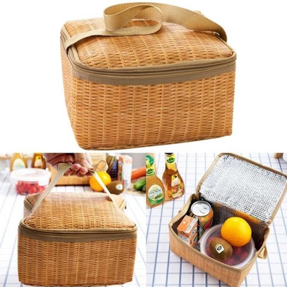 Wicker Rattan Picnic Bag Outdoor Portable Waterproof Camping Picnic Cooler Container Food Thermal Bag Insulated Tableware B Y1h1