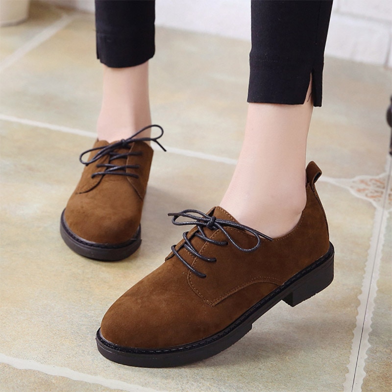 Kvinnor brogue skor snörning fritidsskor faux mocka oxford skor kvinna flats svarta platåskor creepers zapatos mujer  n7773