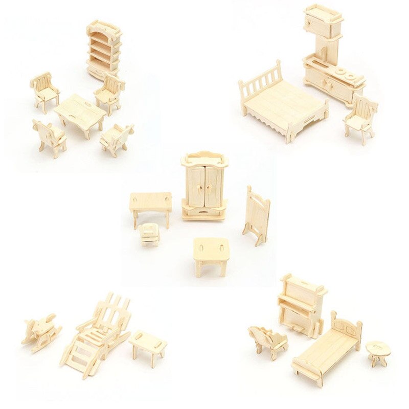 34 stks/set 3D Houten Miniatuur Puzzel Poppenhuis Meubels Model Mini Puzzel Speelgoed voor Kinderen M09