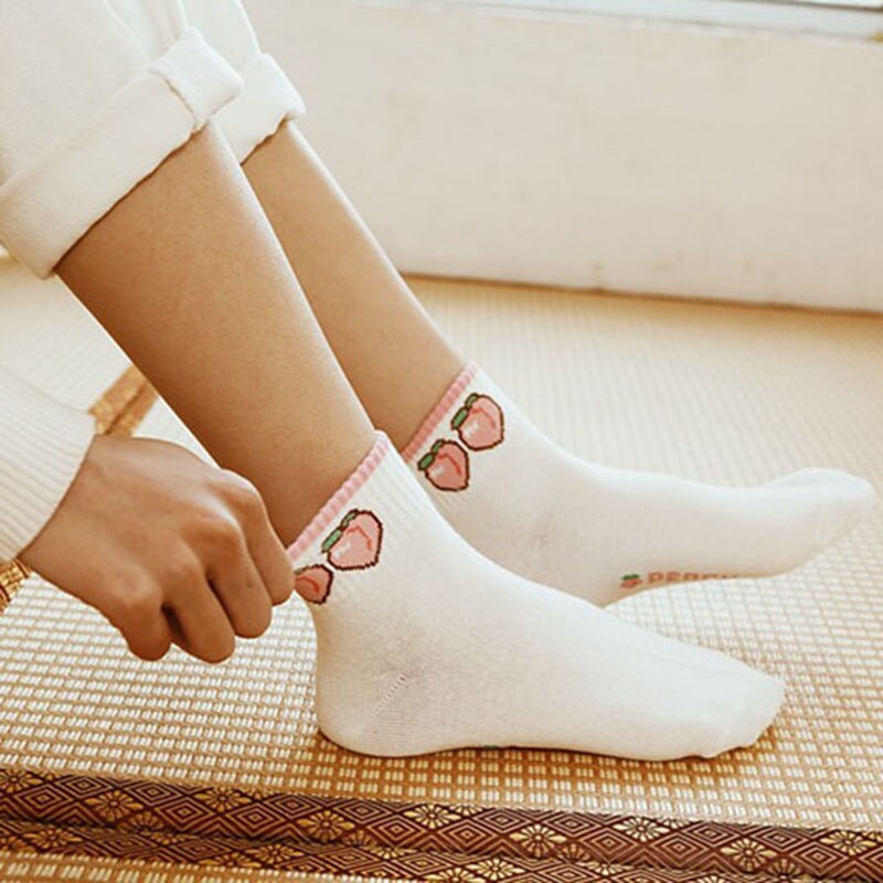 mignon drôle chaussettes femme pêche citron cerise Kiwi fruits chaussettes femmes heureux Calcetines Divertidos Skarpetki blanc Sokken