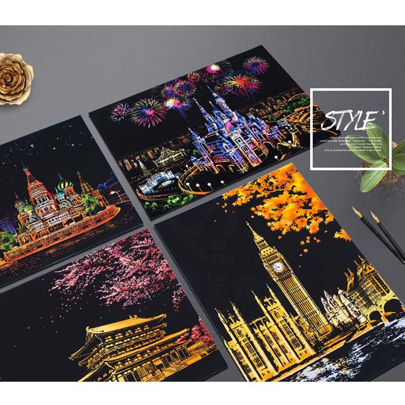 1 Pc Magic Kleurrijke Schrapen Schilderen Tekentafel Papier Schilderen Schrapen Wereld Sightseeing Foto Kids Kras Speelgoed