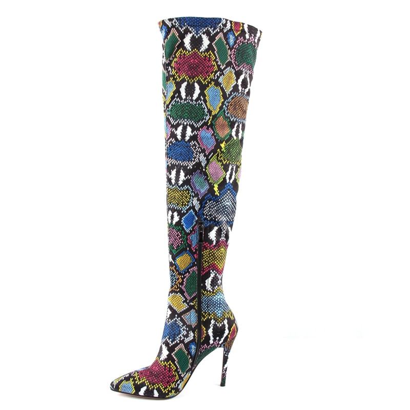 Perixir Vrouwen Over De Knie Laarzen Sexy Dunne Hoge Snake Print Stretch Stoffen Laarzen Hoge Hak Slip Op Schoenen Wees teen Lange Boot
