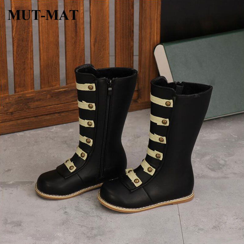 Botas de cuero hasta la rodilla para niños, zapatos de cuero de , remaches, estilo metálico, geniales, de felpa cálida, fondo suave