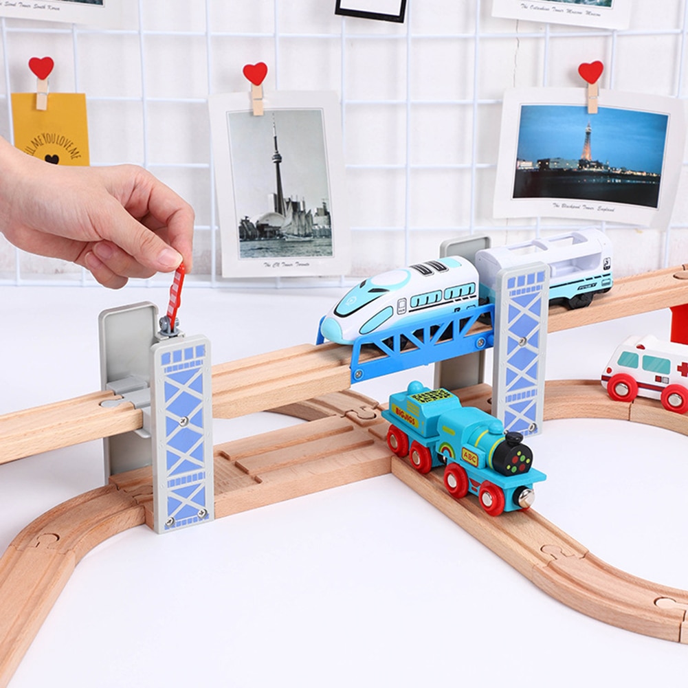 Wooden Double Deck Bridge Overpass Toy DIY Train Tracks Railway Scene Accessory